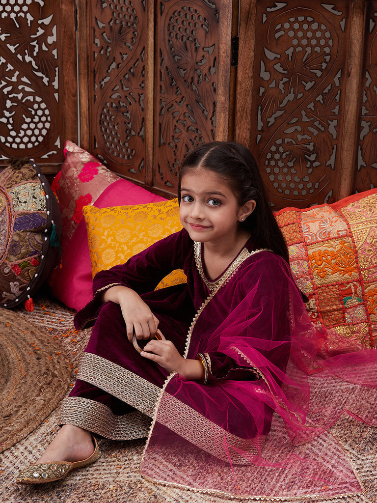Girls Gotta Patti Velvet Kurta With Palazzos & Dupatta (KS-WINEVELVET)