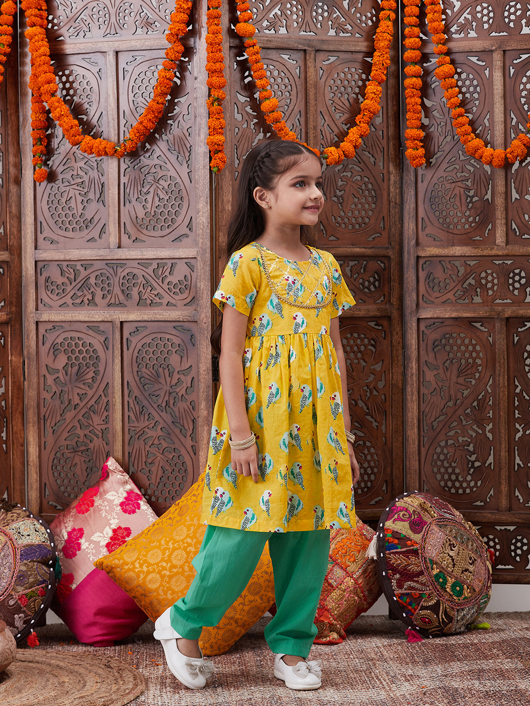 Pspeaches Girls Ethnic Motifs Printed Gotta Patti Pure Cotton A-Line Kurta With Trousers (KS-YELLOWPARROT)