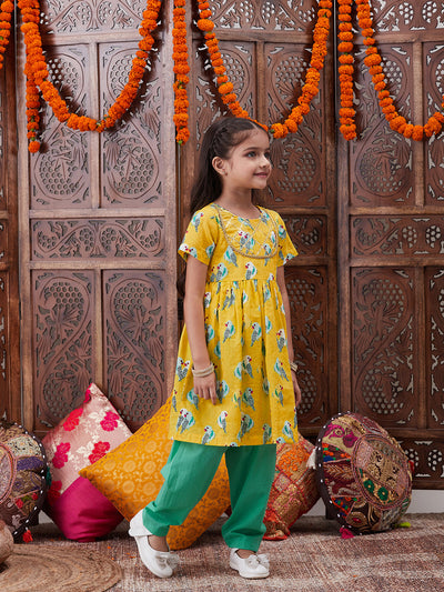 Pspeaches Girls Ethnic Motifs Printed Gotta Patti Pure Cotton A-Line Kurta With Trousers (KS-YELLOWPARROT)