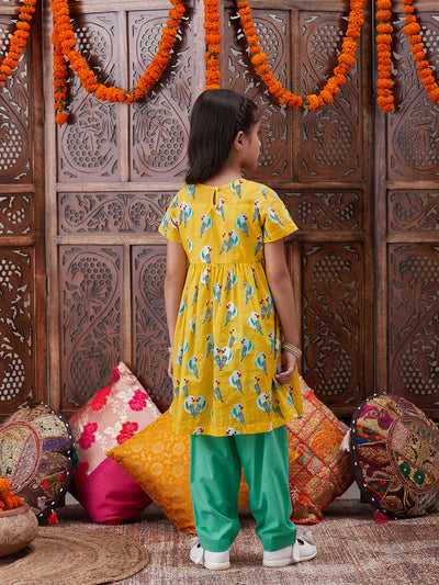 Pspeaches Girls Ethnic Motifs Printed Gotta Patti Pure Cotton A-Line Kurta With Trousers (KS-YELLOWPARROT)