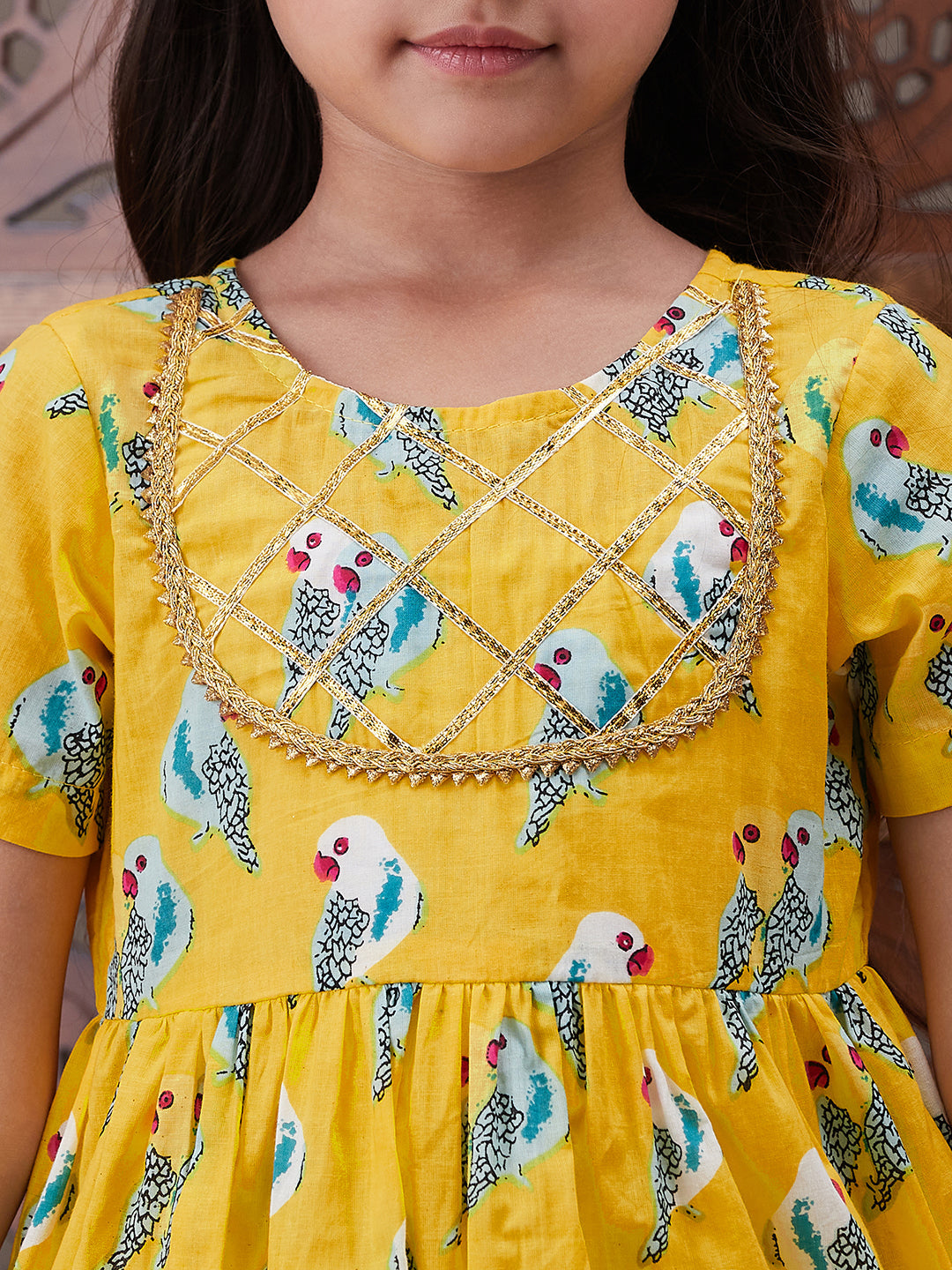 Pspeaches Girls Ethnic Motifs Printed Gotta Patti Pure Cotton A-Line Kurta With Trousers (KS-YELLOWPARROT)