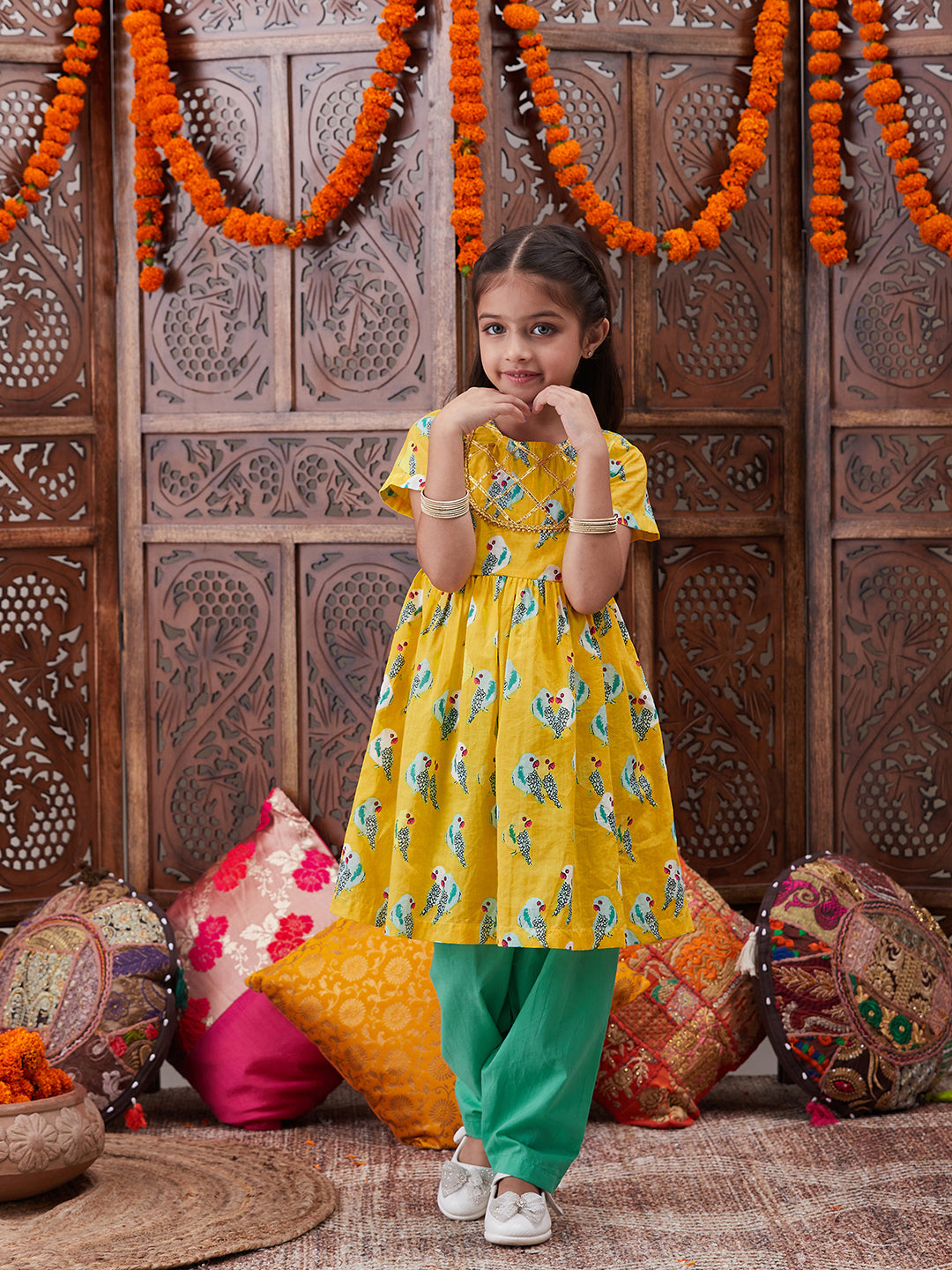 Pspeaches Girls Ethnic Motifs Printed Gotta Patti Pure Cotton A-Line Kurta With Trousers (KS-YELLOWPARROT)