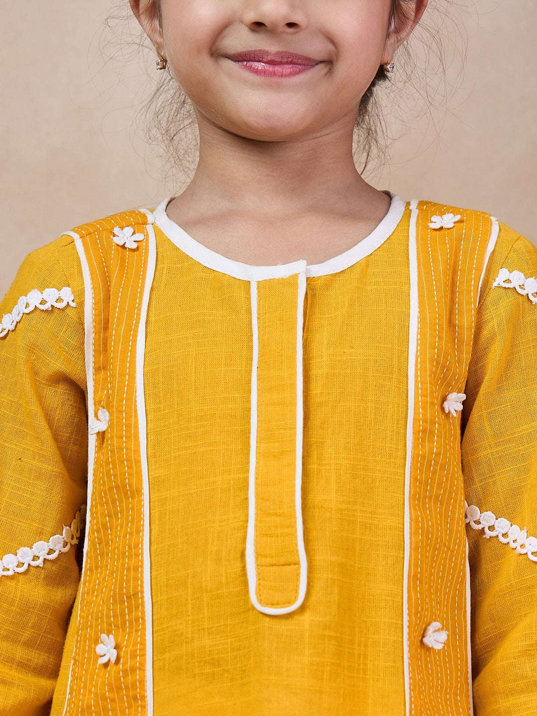 Girls Floral Embroidered Round Neck A-Line Kurta With Pyjamas (KS-YELLOWSLUB)