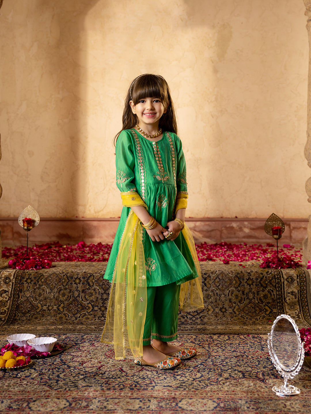 Pspeaches 3-Piece Green Color Chanderi Kurta, Payjama & Dupatta Set (KS25005701)