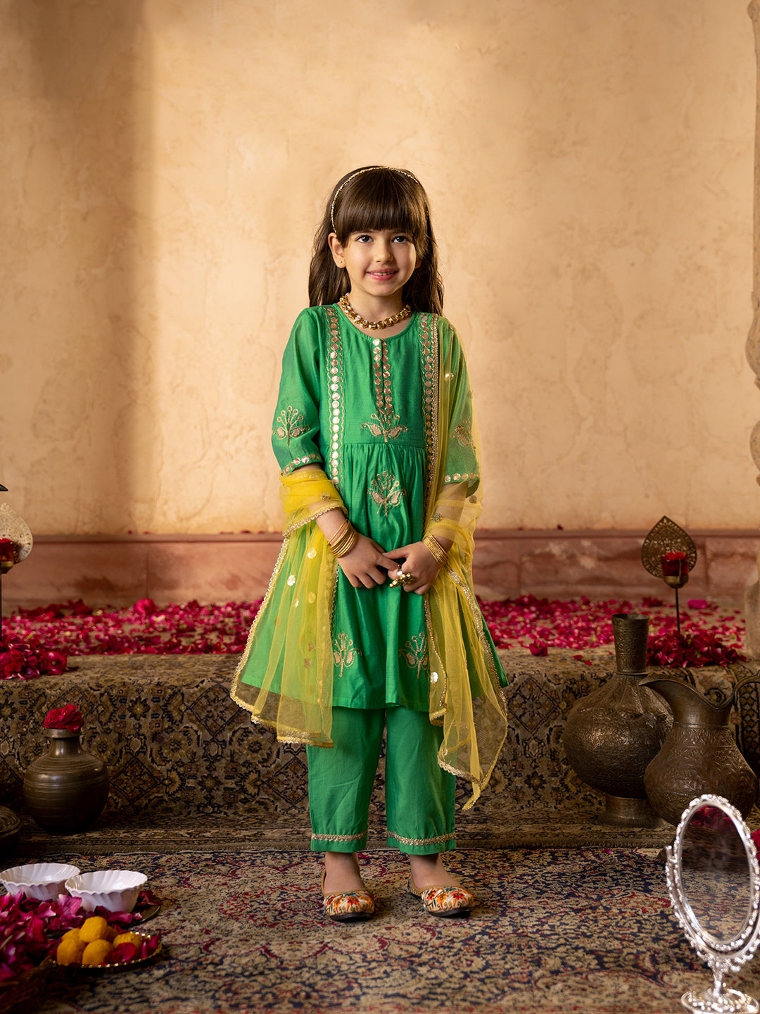 Pspeaches 3-Piece Green Color Chanderi Kurta, Payjama & Dupatta Set (KS25005701)