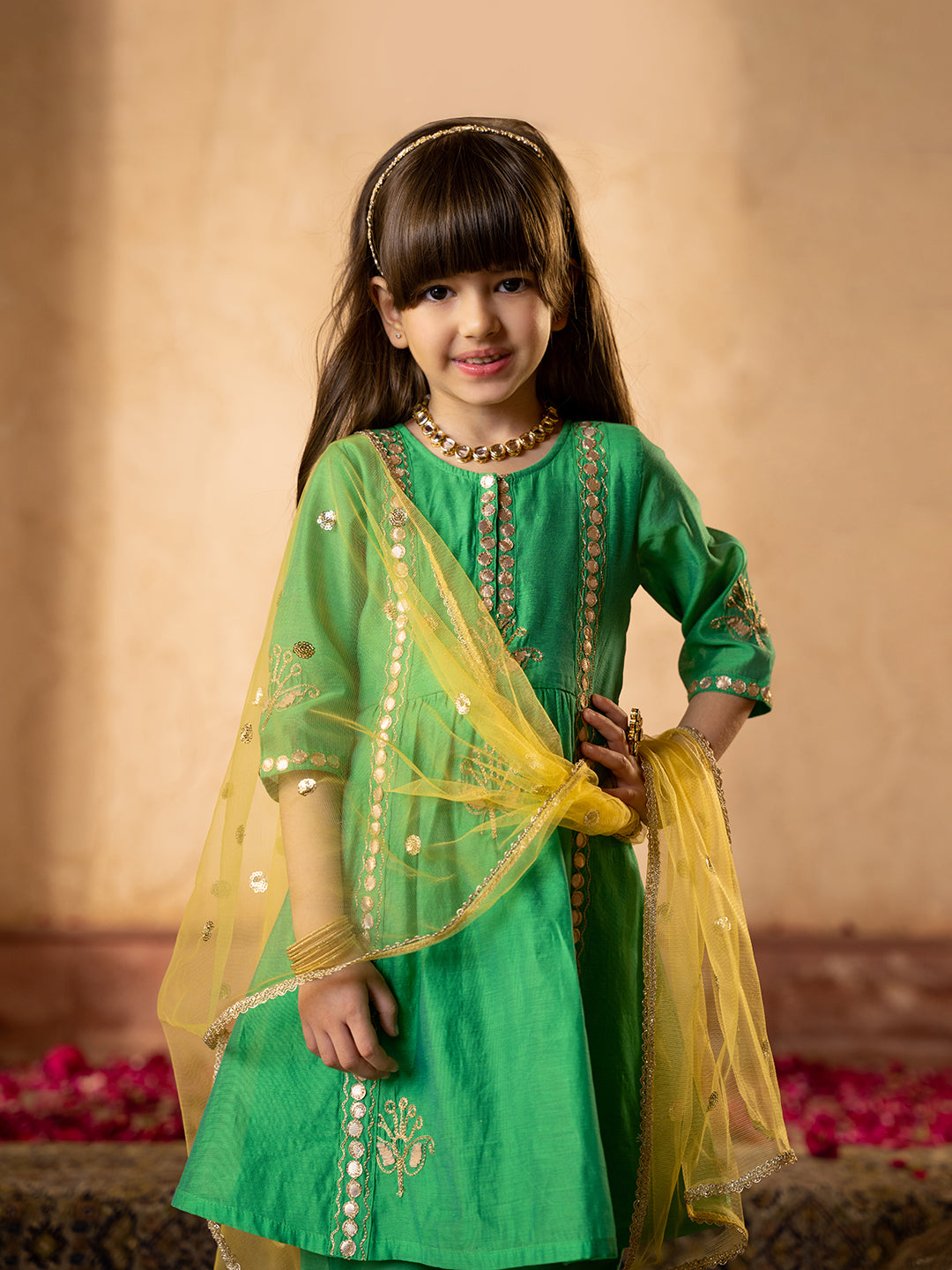 Pspeaches 3-Piece Green Color Chanderi Kurta, Payjama & Dupatta Set (KS25005701)