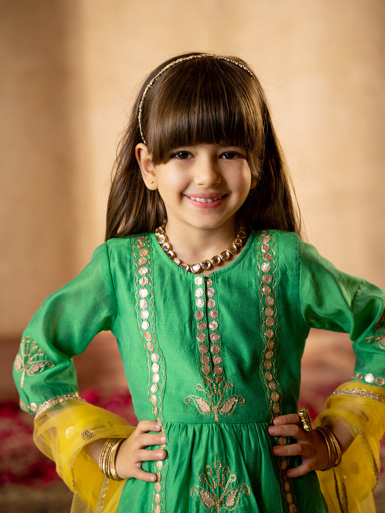Pspeaches 3-Piece Green Color Chanderi Kurta, Payjama & Dupatta Set (KS25005701)