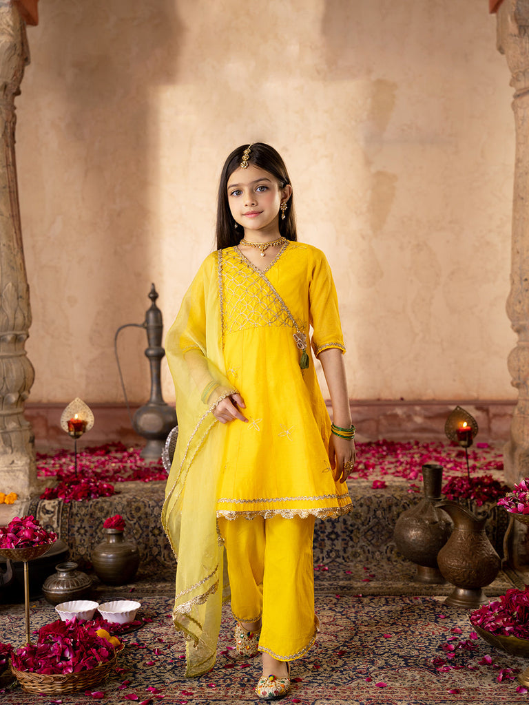 Pspeaches 3-Piece Yellow Color Dupion Kurta & Cotton Payjama With Dupatta (KS25006402)