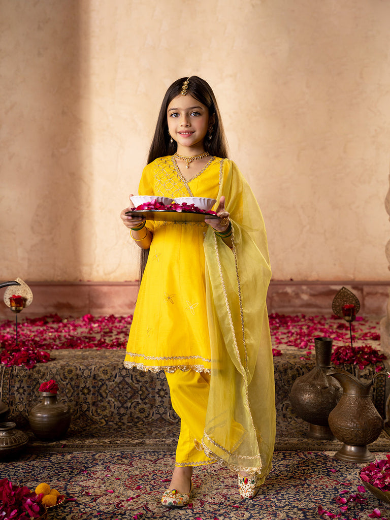 Pspeaches 3-Piece Yellow Color Dupion Kurta & Cotton Payjama With Dupatta (KS25006402)