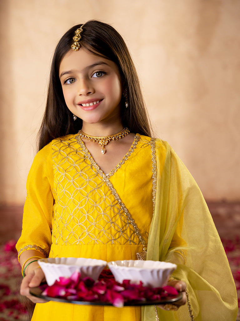 Pspeaches 3-Piece Yellow Color Dupion Kurta & Cotton Payjama With Dupatta (KS25006402)