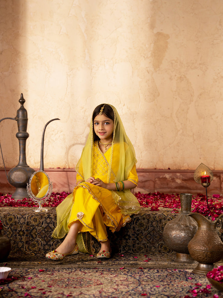 Pspeaches 3-Piece Yellow Color Dupion Kurta & Cotton Payjama With Dupatta (KS25006402)