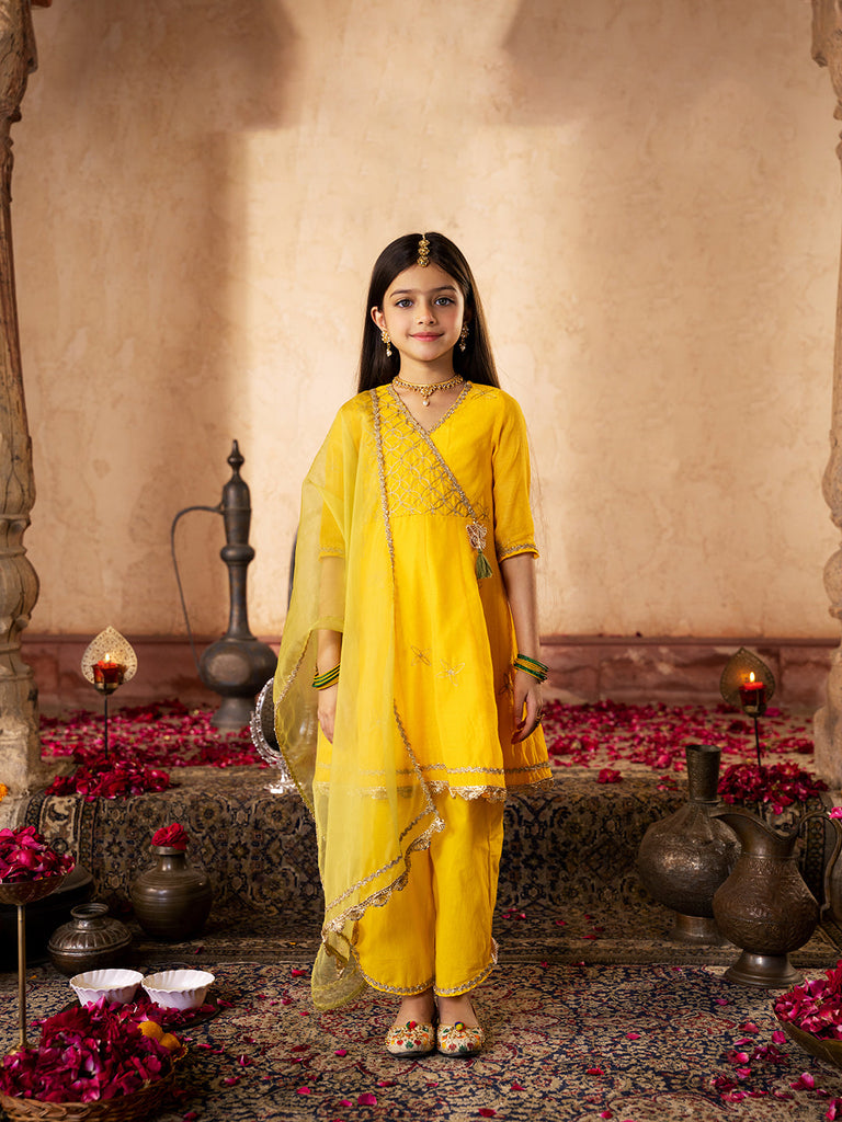 Pspeaches 3-Piece Yellow Color Dupion Kurta & Cotton Payjama With Dupatta (KS25006402)