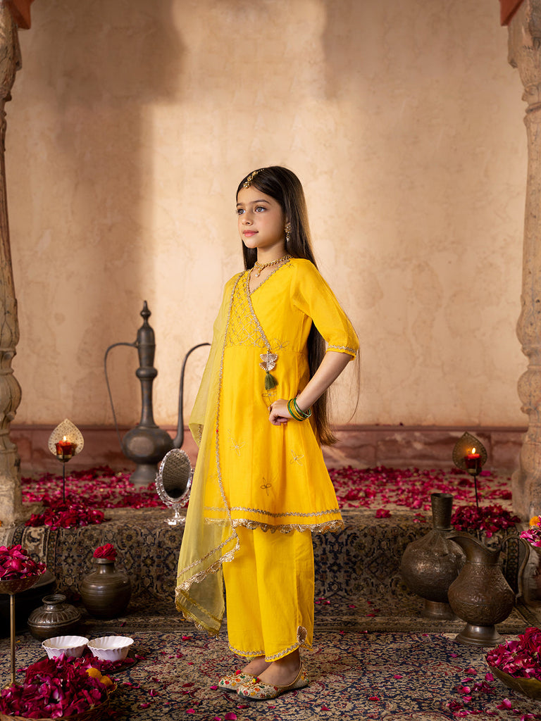 Pspeaches 3-Piece Yellow Color Dupion Kurta & Cotton Payjama With Dupatta (KS25006402)