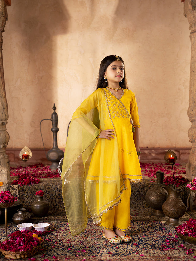 Pspeaches 3-Piece Yellow Color Dupion Kurta & Cotton Payjama With Dupatta (KS25006402)