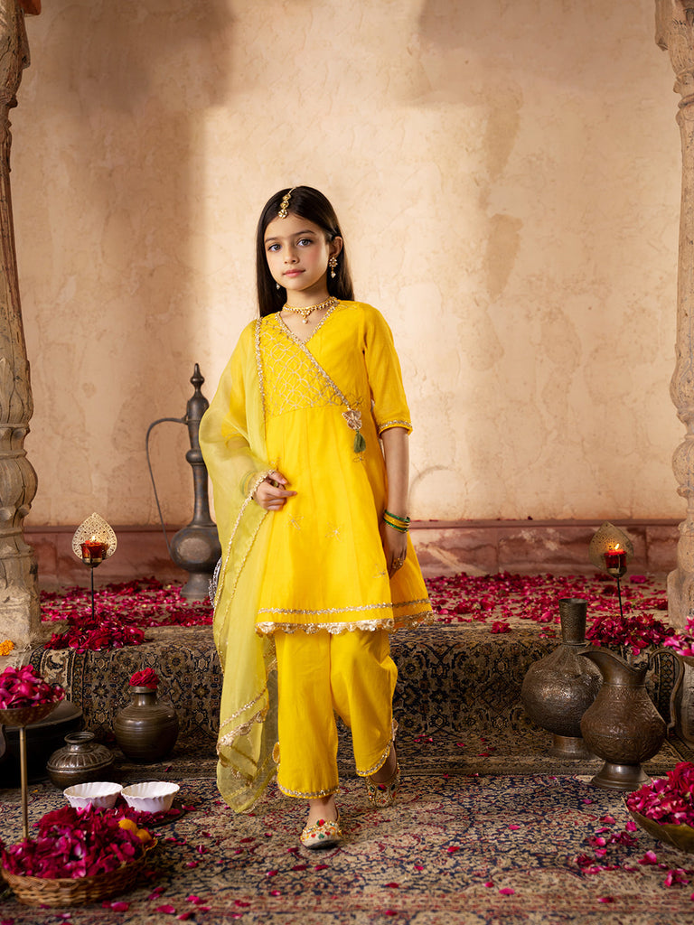 Pspeaches 3-Piece Yellow Color Dupion Kurta & Cotton Payjama With Dupatta (KS25006402)