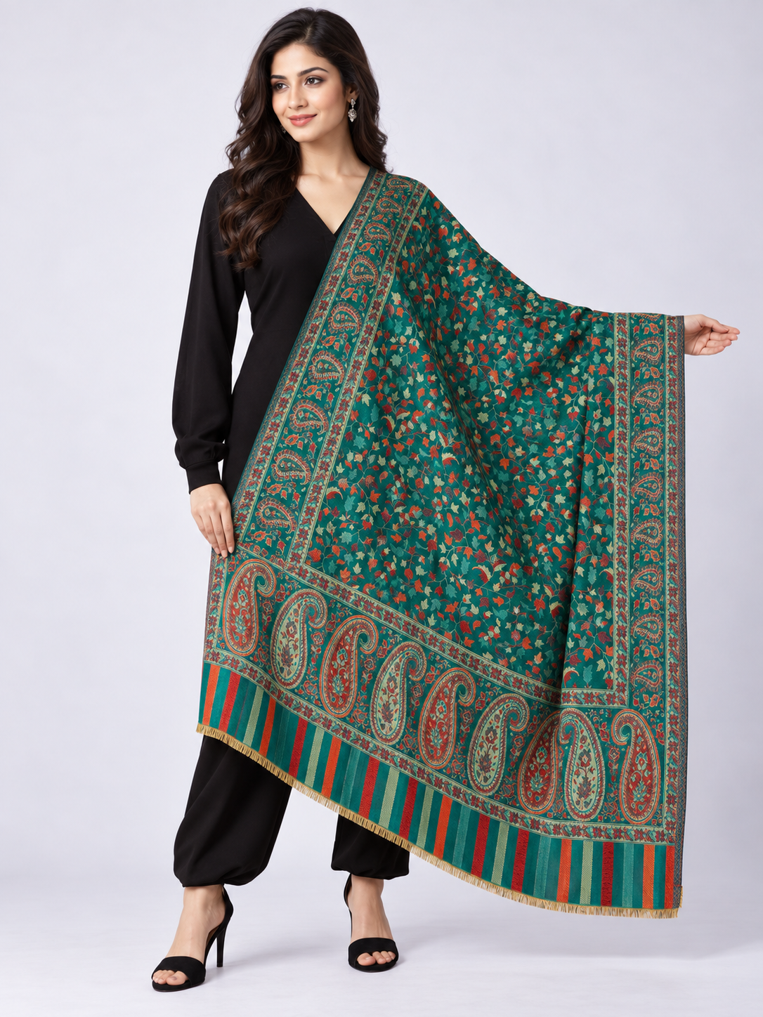Pspeaches Women's Green Acrylic Kani Woolen Shawl