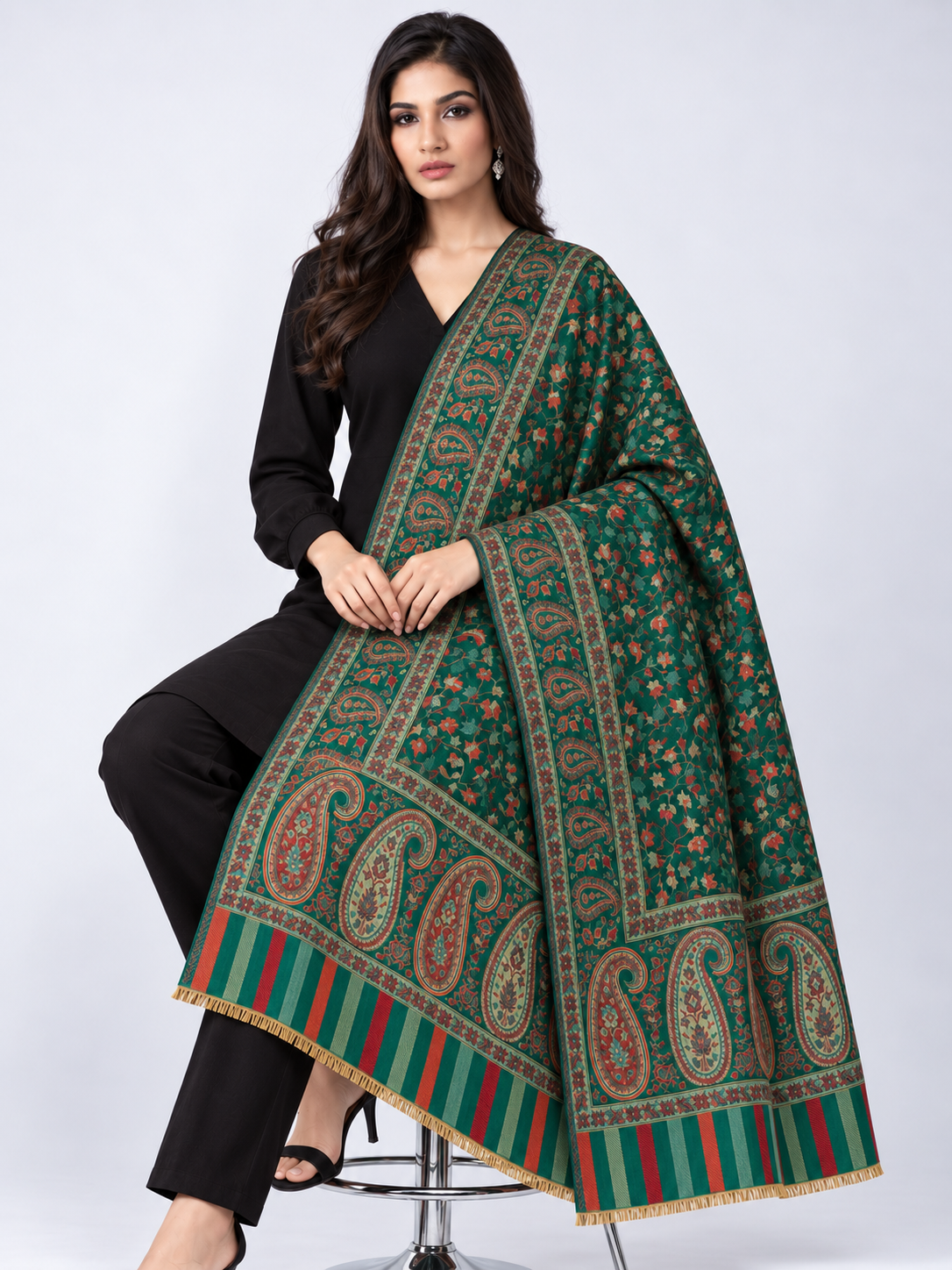 Pspeaches Women's Green Acrylic Kani Woolen Shawl