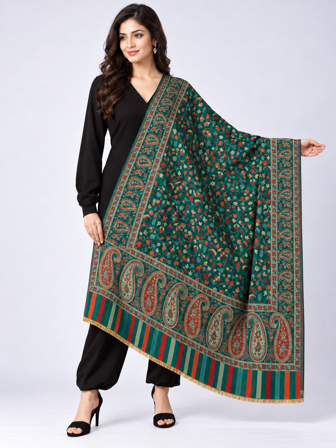 Pspeaches Women's Green Acrylic Kani Woolen Shawl