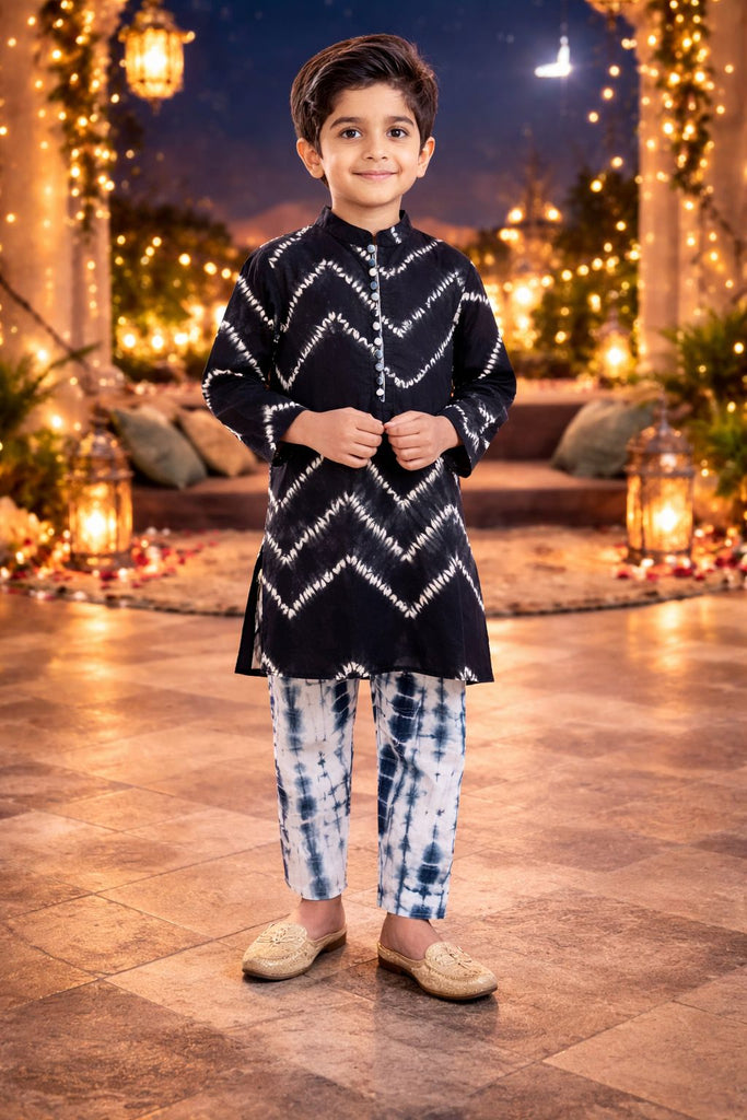 Pspeaches Boys Black Ethnic Tie-Dye Cotton Straight Fit Kurta With Pyjama Set ( Sku-Kp-Blackshib )