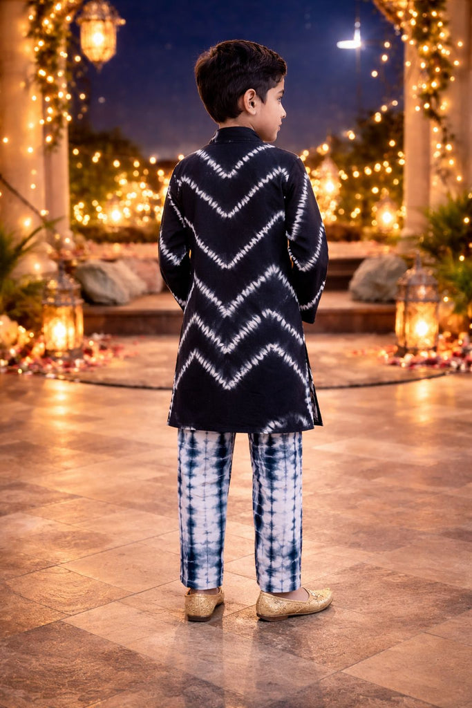 Pspeaches Boys Black Ethnic Tie-Dye Cotton Straight Fit Kurta With Pyjama Set ( Sku-Kp-Blackshib )