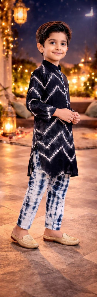 Pspeaches Boys Black Ethnic Tie-Dye Cotton Straight Fit Kurta With Pyjama Set ( Sku-Kp-Blackshib )