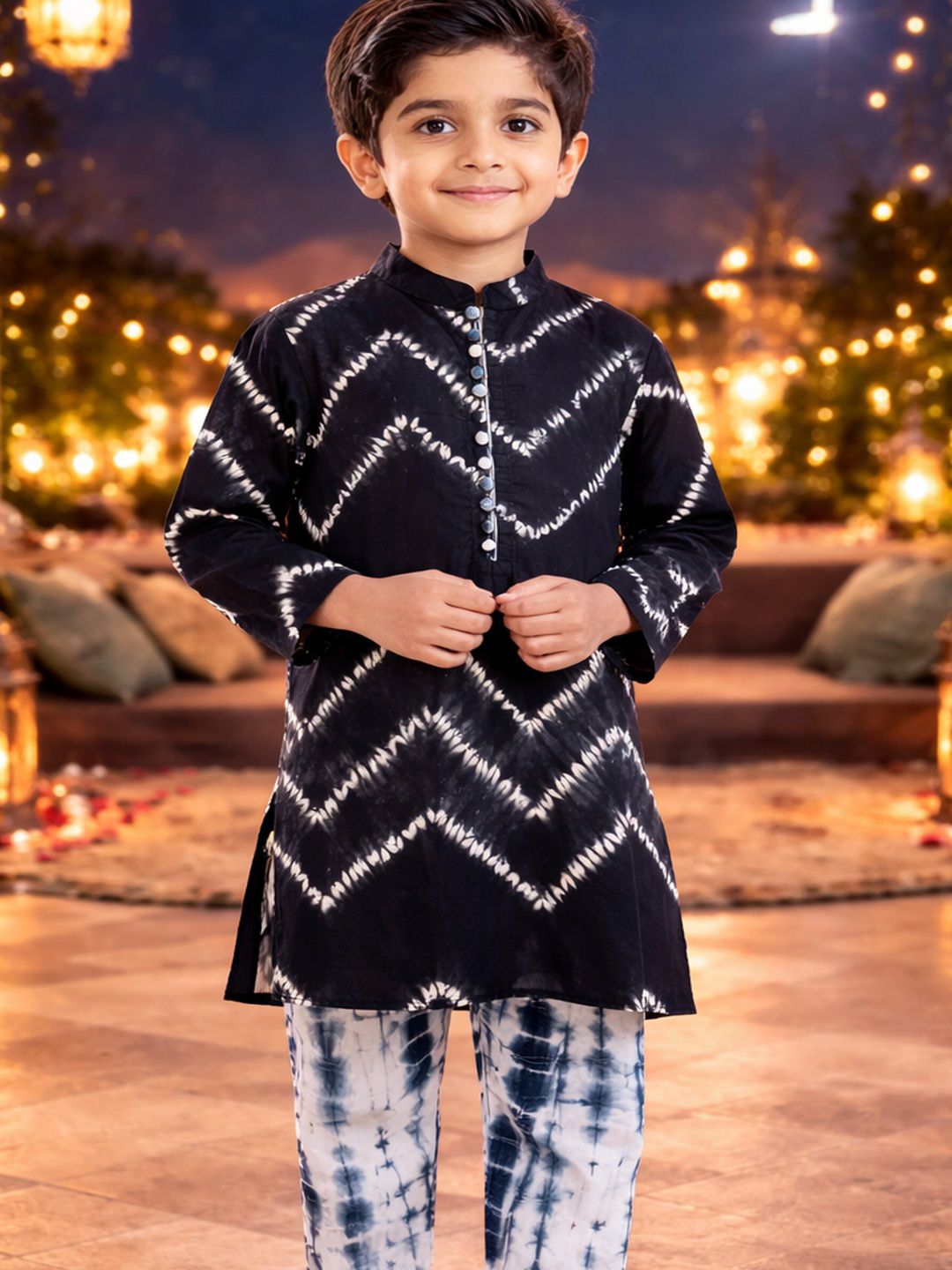 Pspeaches Boys Black Ethnic Tie-Dye Cotton Straight Fit Kurta With Pyjama Set ( Sku-Kp-Blackshib )