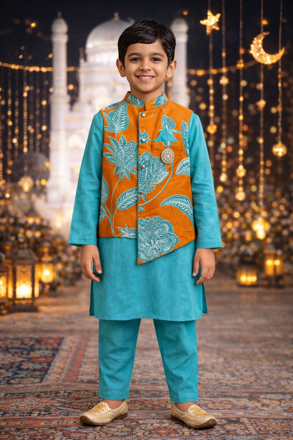 Pspeaches Boys Orange & Turquoise Ethnic Floral Cotton Flex Straight Fit Kurta With Pyjama & Jacket ( Sku-Kp-Blueorangeflower )