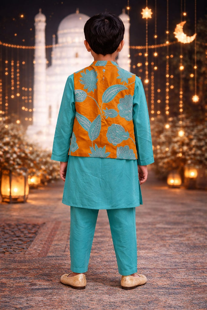 Pspeaches Boys Orange & Turquoise Ethnic Floral Cotton Flex Straight Fit Kurta With Pyjama & Jacket ( Sku-Kp-Blueorangeflower )