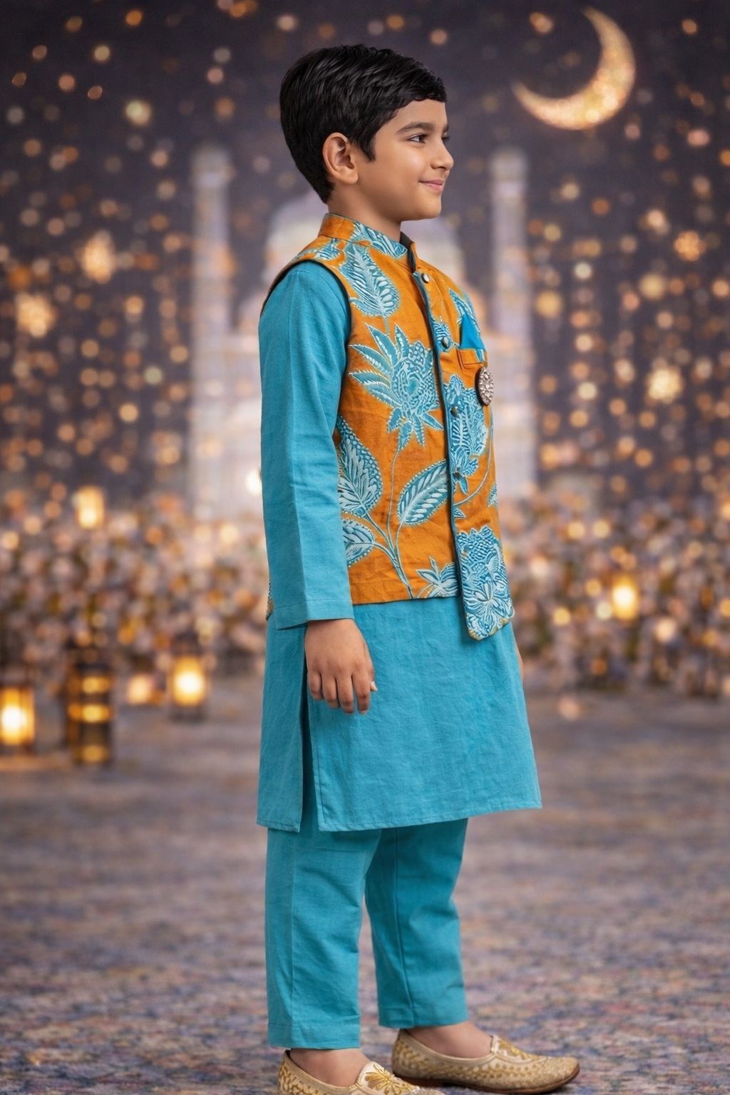 Pspeaches Boys Orange & Turquoise Ethnic Floral Cotton Flex Straight Fit Kurta With Pyjama & Jacket ( Sku-Kp-Blueorangeflower )