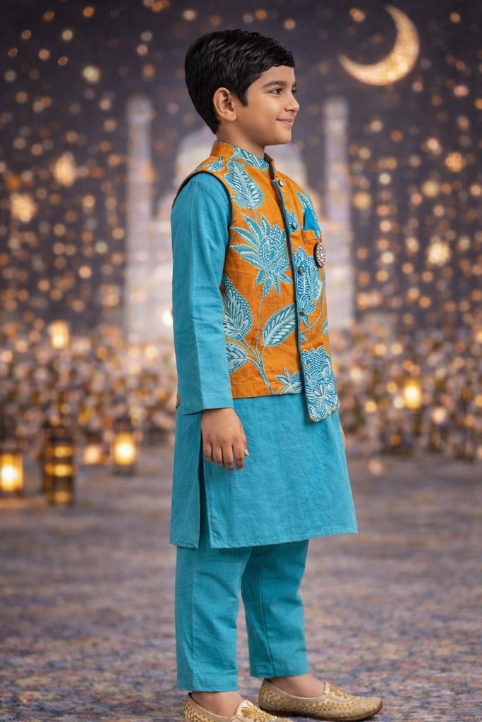 Pspeaches Boys Orange & Turquoise Ethnic Floral Cotton Flex Straight Fit Kurta With Pyjama & Jacket ( Sku-Kp-Blueorangeflower )