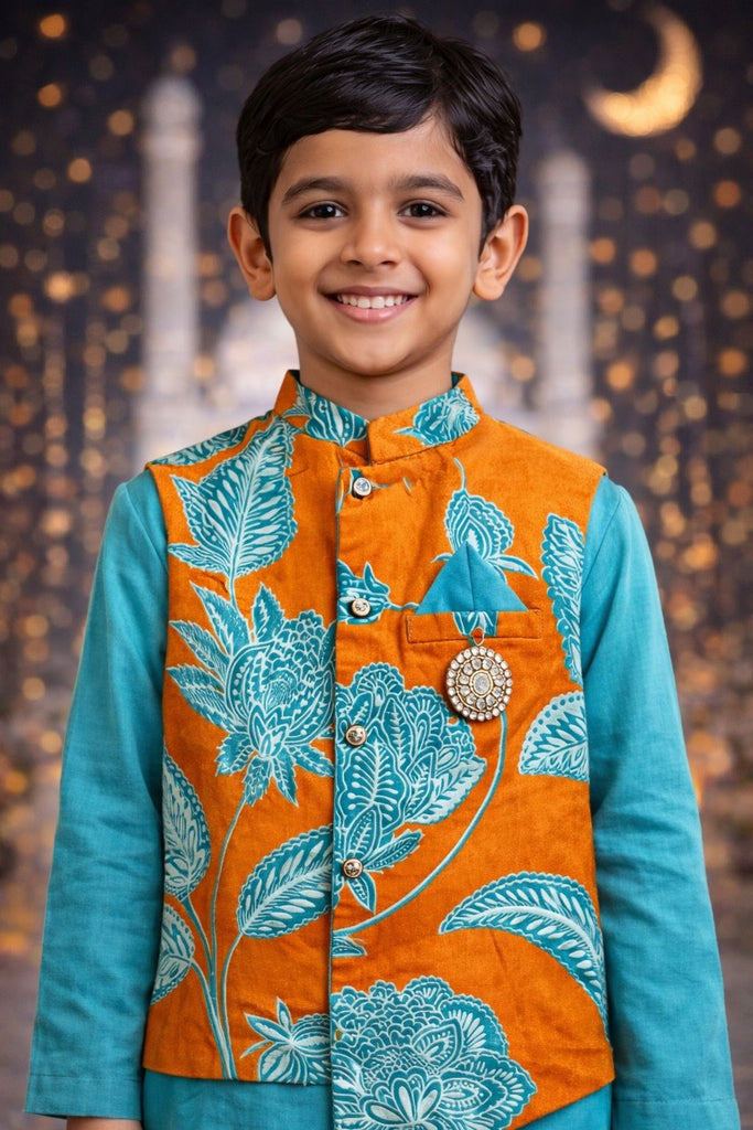 Pspeaches Boys Orange & Turquoise Ethnic Floral Cotton Flex Straight Fit Kurta With Pyjama & Jacket ( Sku-Kp-Blueorangeflower )