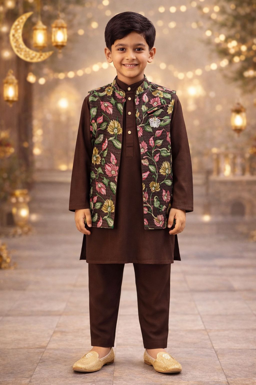 Pspeaches Boys Brown Ethnic Floral Print Rayon Straight Fit Kurta With Pyjama & Jacket ( Sku-Kp-Brownmuslin )
