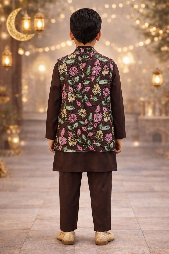 Pspeaches Boys Brown Ethnic Floral Print Rayon Straight Fit Kurta With Pyjama & Jacket ( Sku-Kp-Brownmuslin )