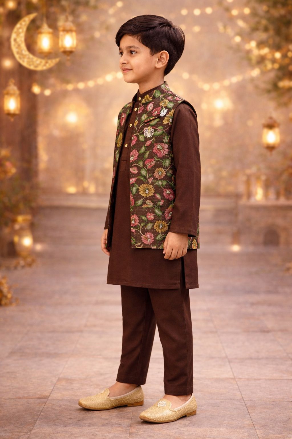 Pspeaches Boys Brown Ethnic Floral Print Rayon Straight Fit Kurta With Pyjama & Jacket ( Sku-Kp-Brownmuslin )
