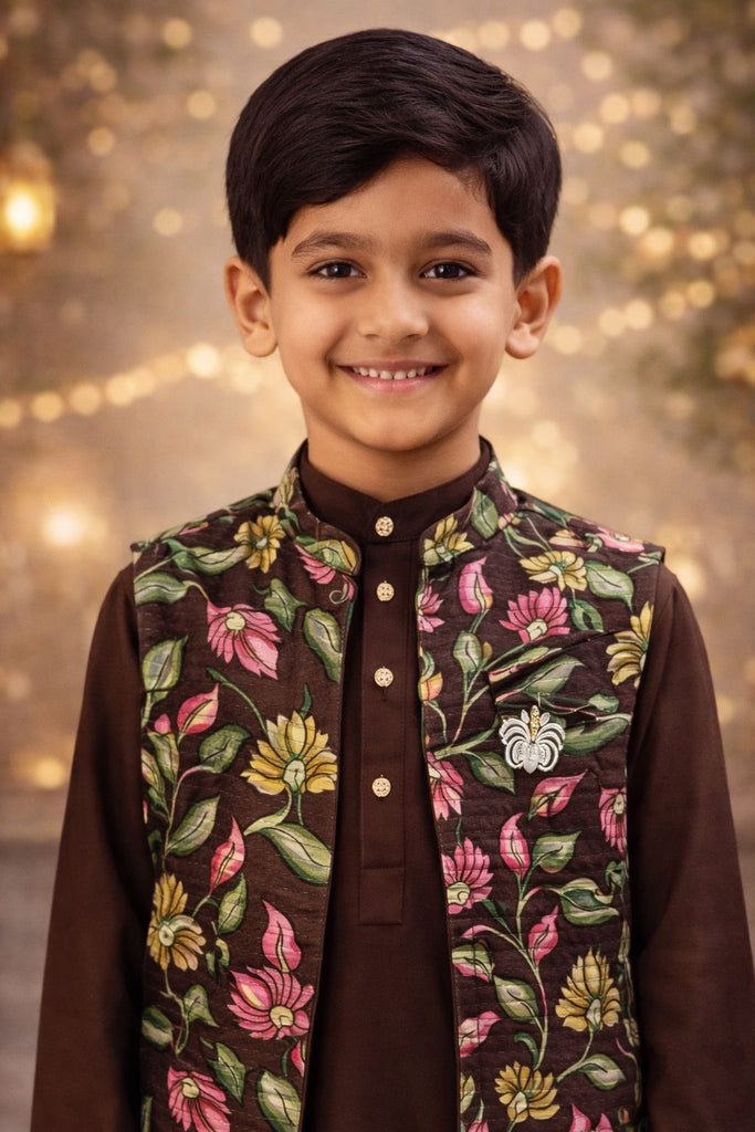 Pspeaches Boys Brown Ethnic Floral Print Rayon Straight Fit Kurta With Pyjama & Jacket ( Sku-Kp-Brownmuslin )
