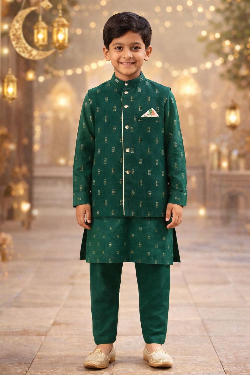 Pspeaches Boys Bottle Green Ethnic Jacquard Lurex Straight Fit Kurta With Pyjama Set ( Sku-Kp-Greenjacard )