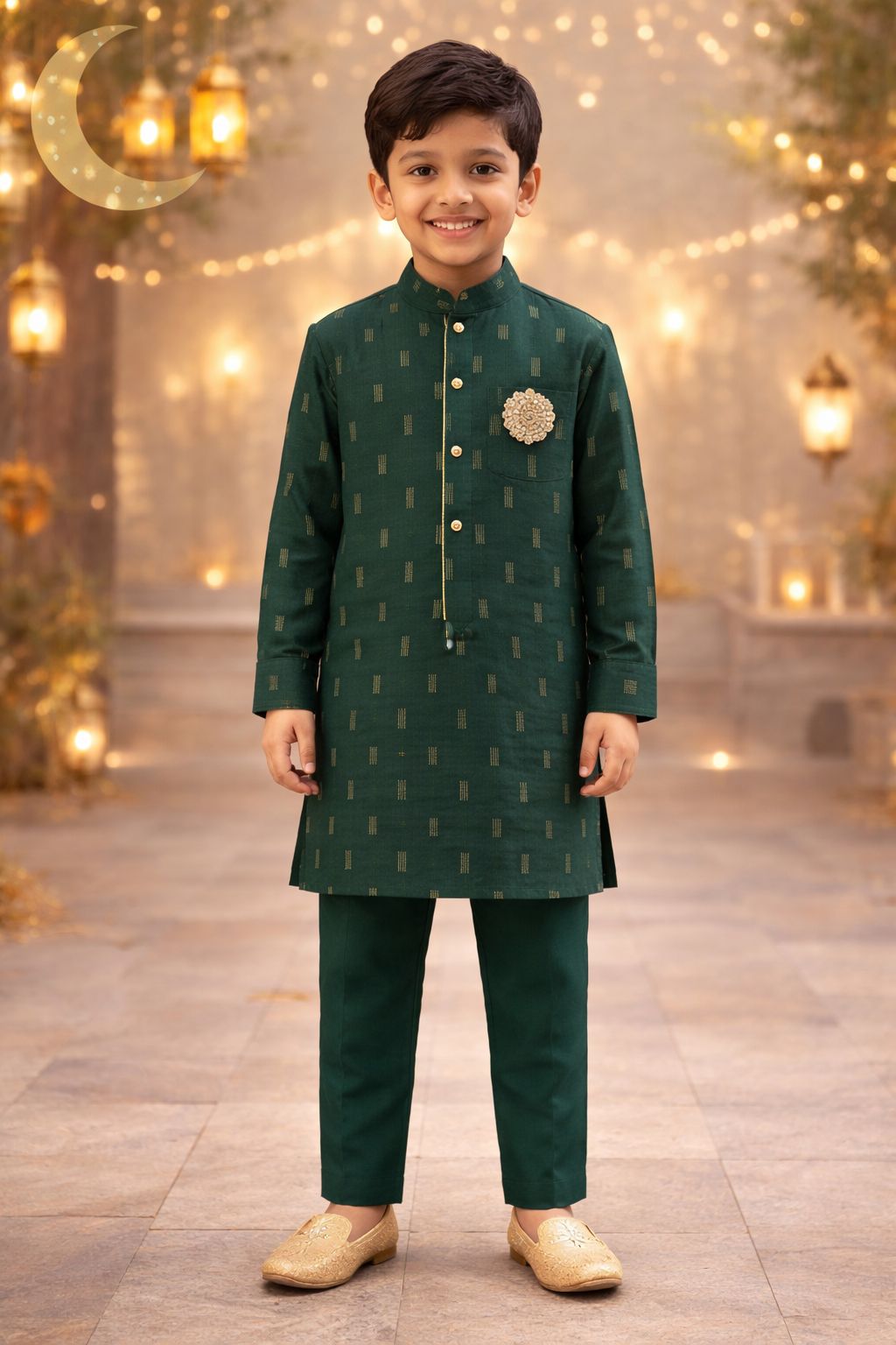 Pspeaches Boys Bottle Green Ethnic Jacquard Lurex Straight Fit Kurta With Pyjama Set ( Sku-Kp-Greenjacard )