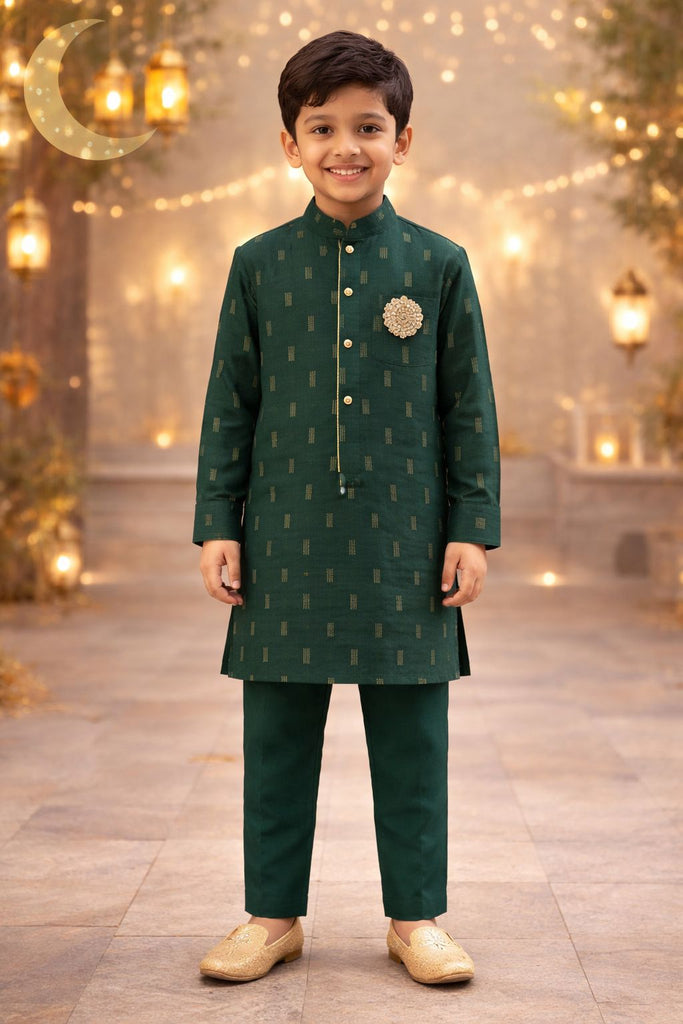 Pspeaches Boys Bottle Green Ethnic Jacquard Lurex Straight Fit Kurta With Pyjama Set ( Sku-Kp-Greenjacard )