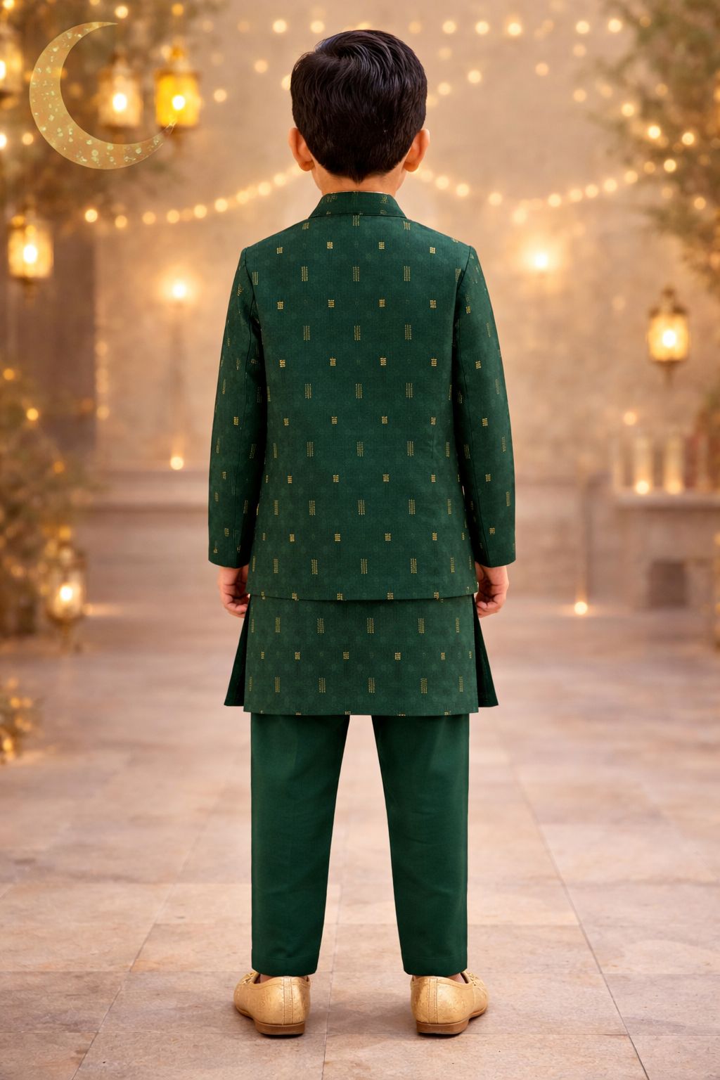 Pspeaches Boys Bottle Green Ethnic Jacquard Lurex Straight Fit Kurta With Pyjama Set ( Sku-Kp-Greenjacard )