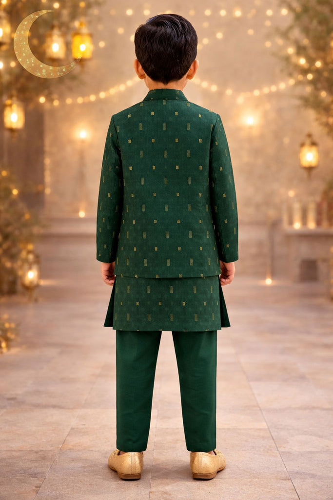 Pspeaches Boys Bottle Green Ethnic Jacquard Lurex Straight Fit Kurta With Pyjama Set ( Sku-Kp-Greenjacard )