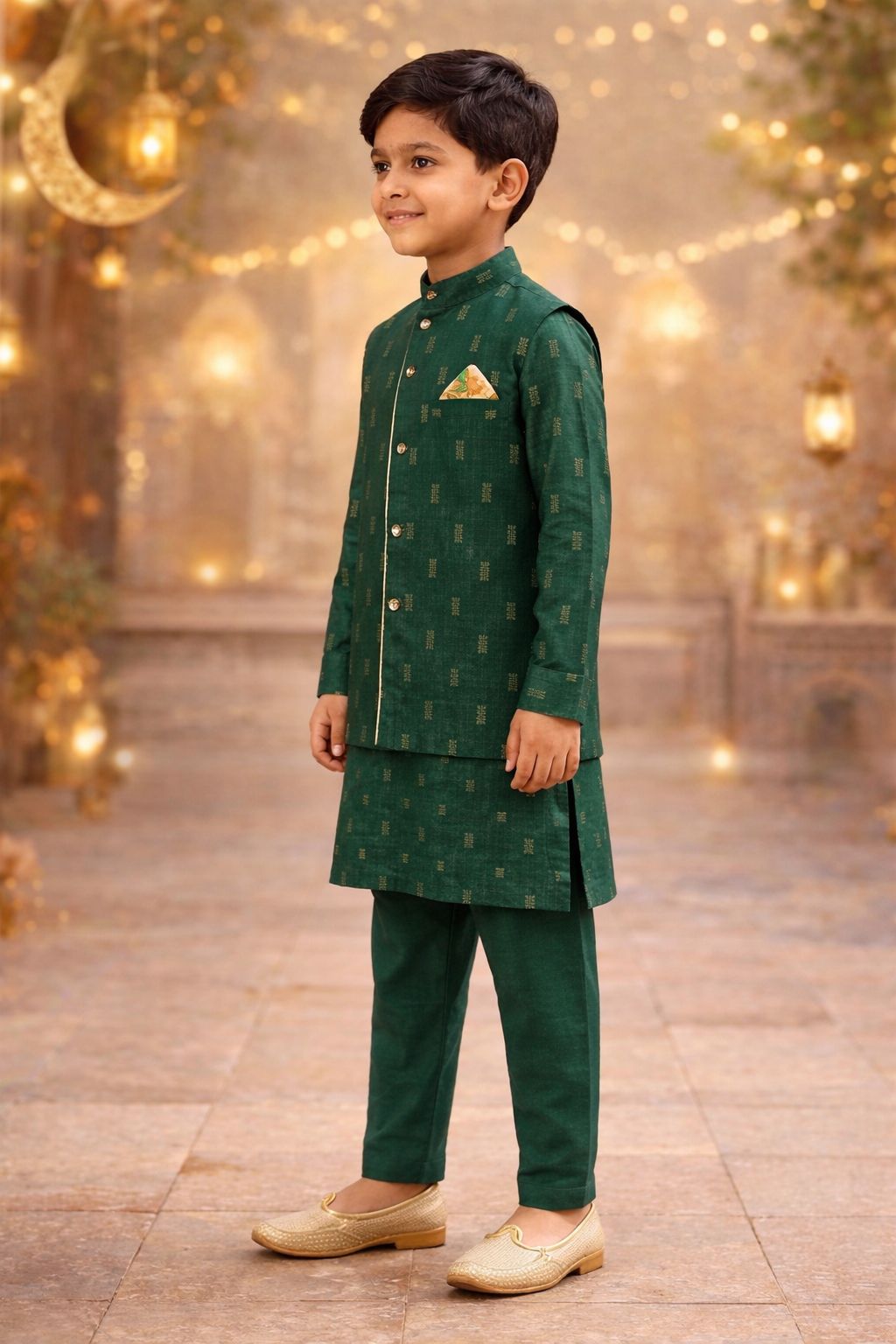 Pspeaches Boys Bottle Green Ethnic Jacquard Lurex Straight Fit Kurta With Pyjama Set ( Sku-Kp-Greenjacard )