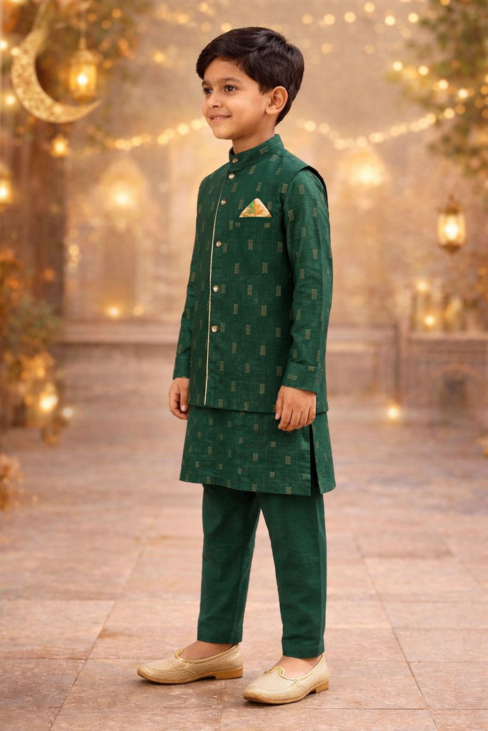 Pspeaches Boys Bottle Green Ethnic Jacquard Lurex Straight Fit Kurta With Pyjama Set ( Sku-Kp-Greenjacard )