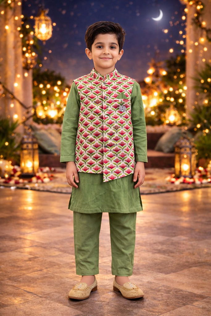 Pspeaches Boys Green Ethnic Floral Cotton Flex Straight Fit Kurta With Pyjama & Jacket ( Sku-Kp-Greenpink )
