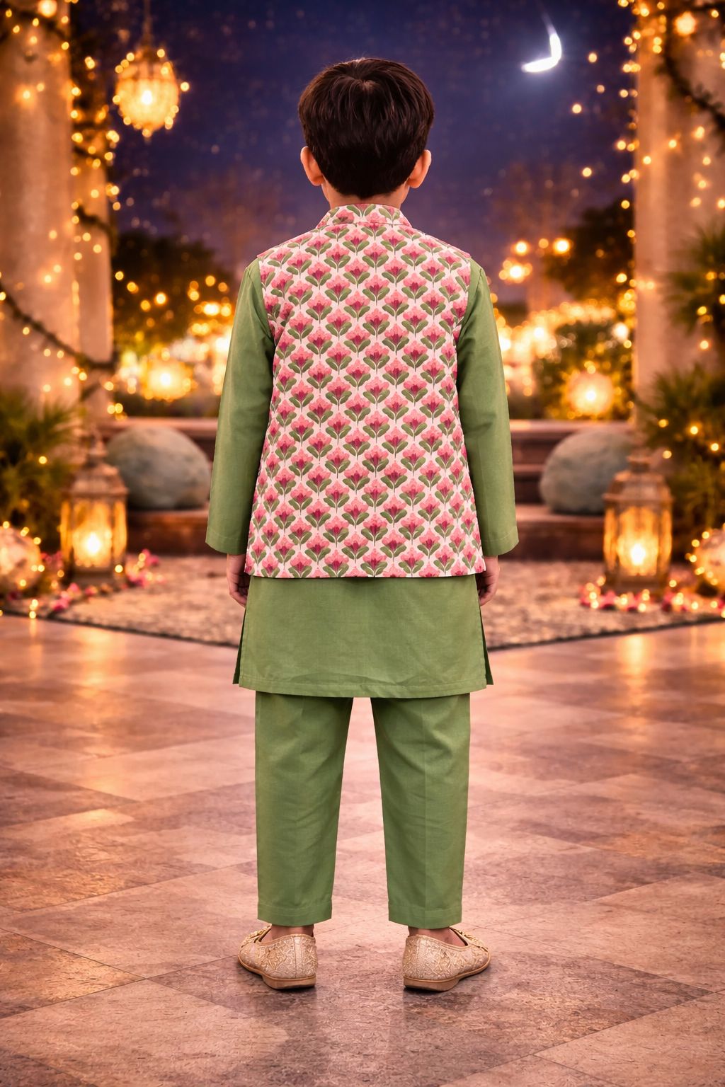 Pspeaches Boys Green Ethnic Floral Cotton Flex Straight Fit Kurta With Pyjama & Jacket ( Sku-Kp-Greenpink )