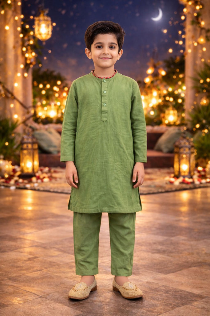 Pspeaches Boys Green Ethnic Floral Cotton Flex Straight Fit Kurta With Pyjama & Jacket ( Sku-Kp-Greenpink )