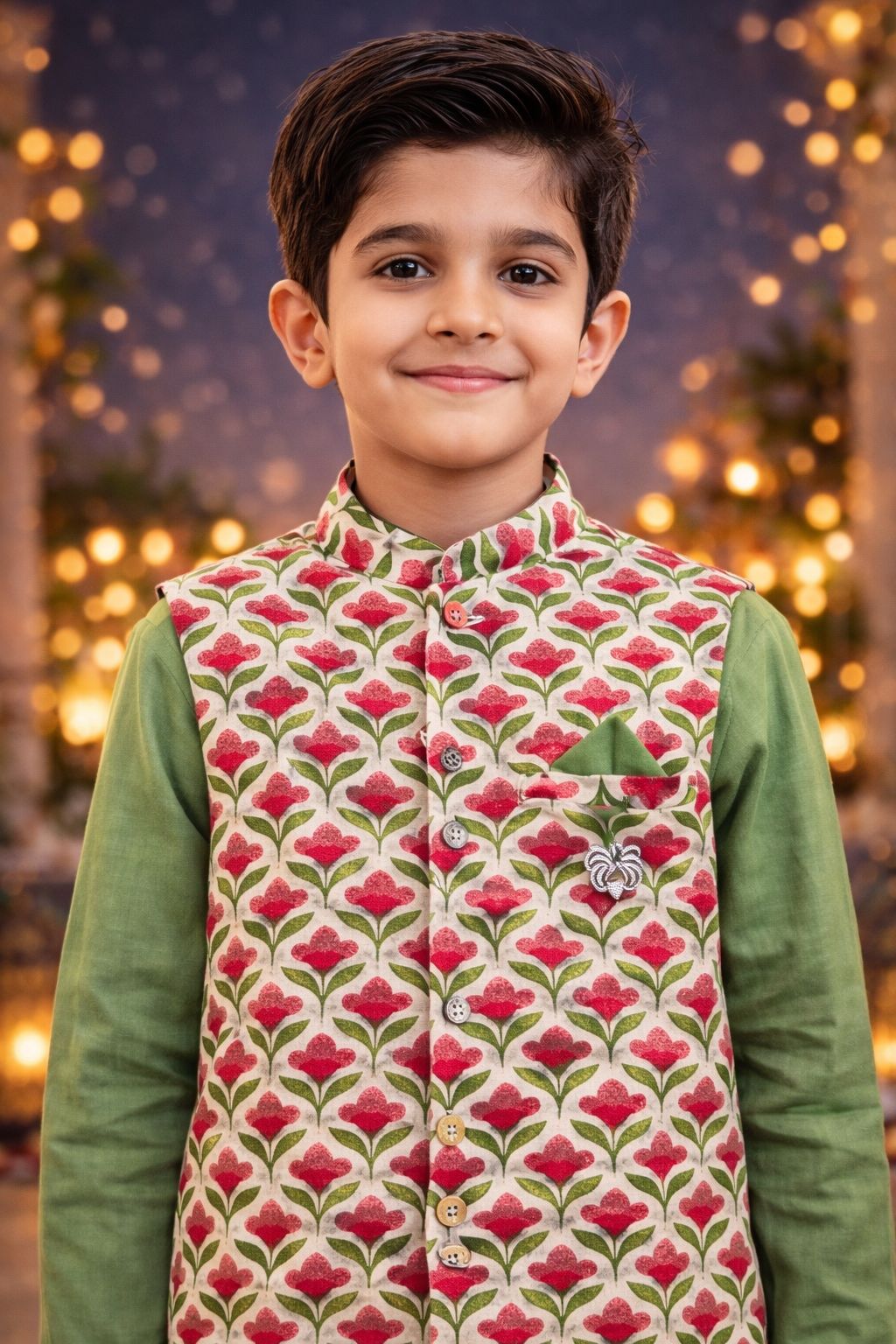 Pspeaches Boys Green Ethnic Floral Cotton Flex Straight Fit Kurta With Pyjama & Jacket ( Sku-Kp-Greenpink )