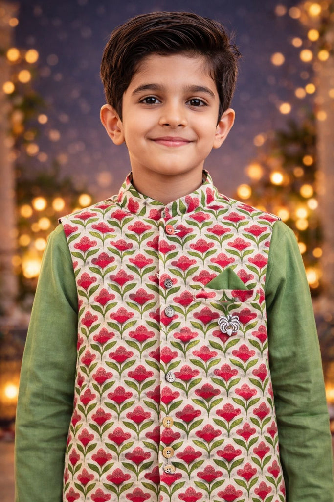 Pspeaches Boys Green Ethnic Floral Cotton Flex Straight Fit Kurta With Pyjama & Jacket ( Sku-Kp-Greenpink )