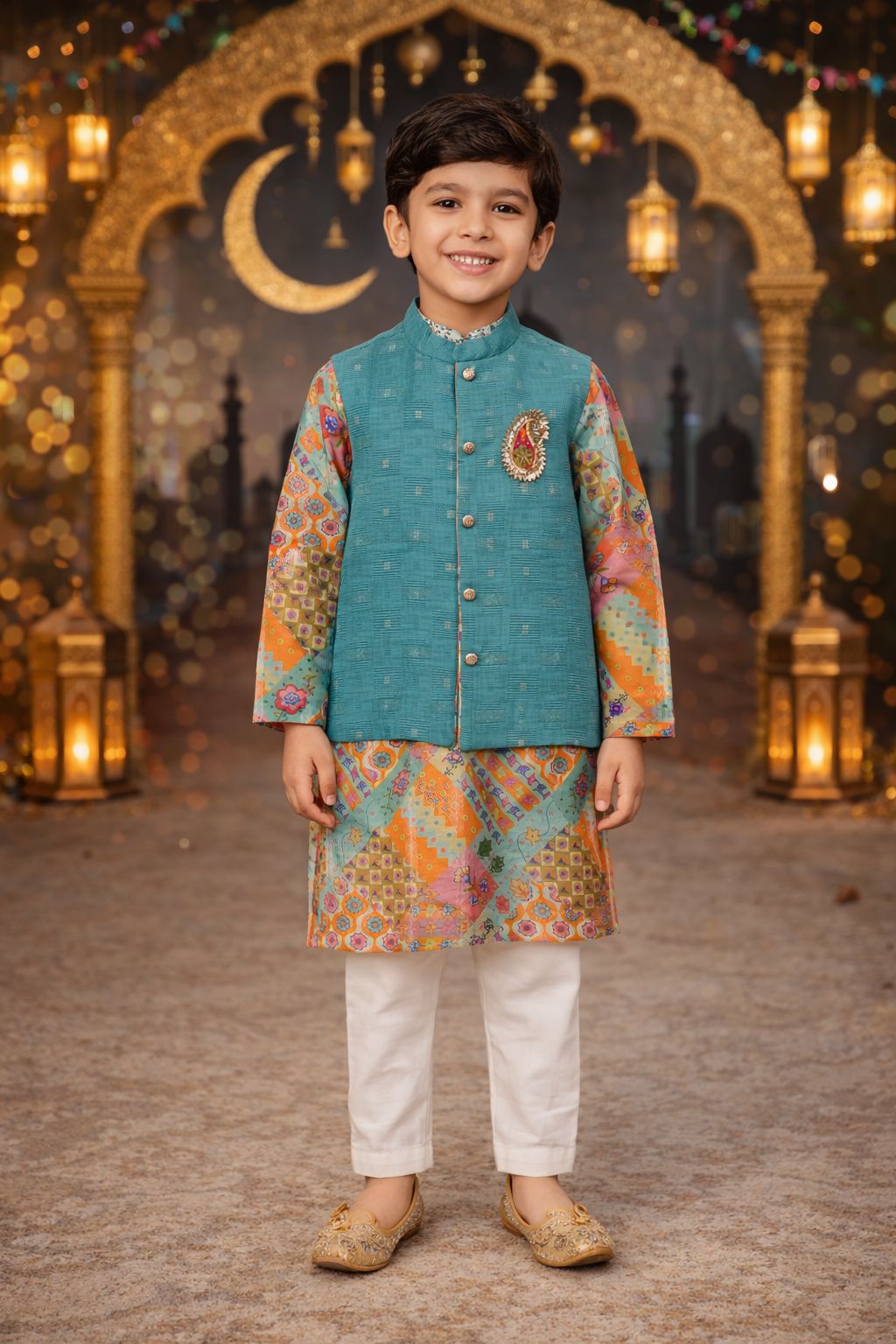 Pspeaches Boys Multi Ethnic Asymmetrical Bamboo Straight Fit Kurta With Pyjama & Jacket ( Sku-Kp-Orangebmboo )