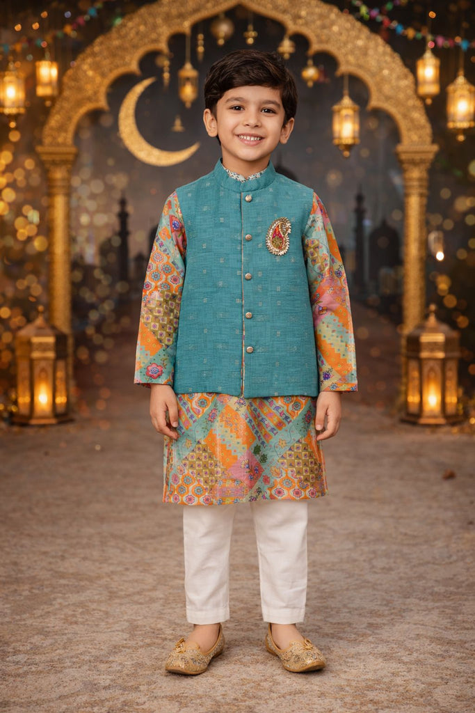 Pspeaches Boys Multi Ethnic Asymmetrical Bamboo Straight Fit Kurta With Pyjama & Jacket ( Sku-Kp-Orangebmboo )