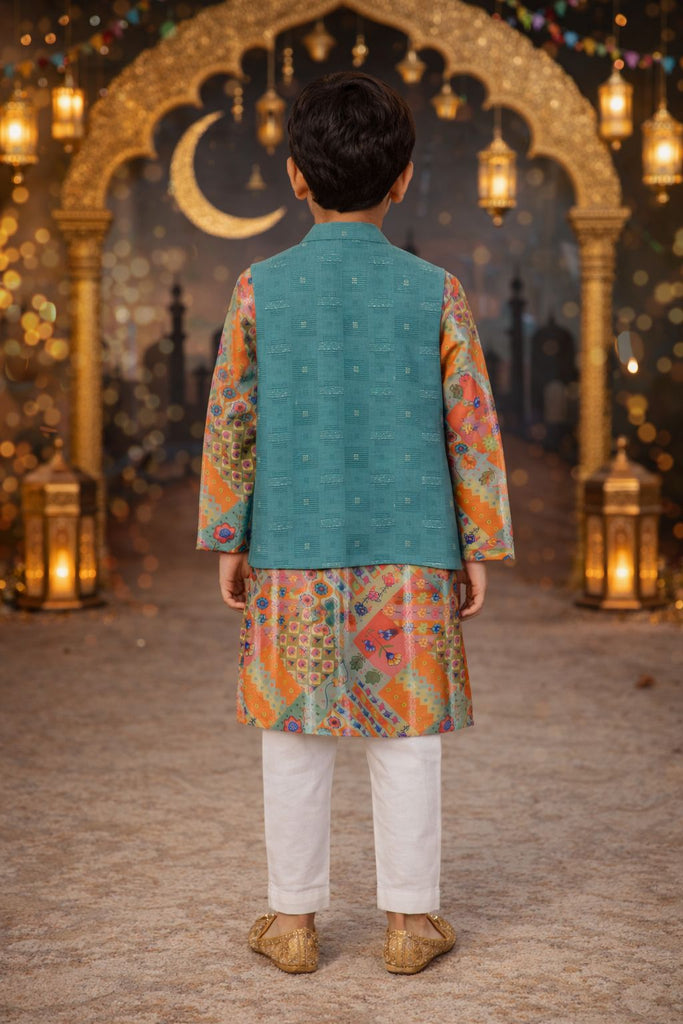 Pspeaches Boys Multi Ethnic Asymmetrical Bamboo Straight Fit Kurta With Pyjama & Jacket ( Sku-Kp-Orangebmboo )